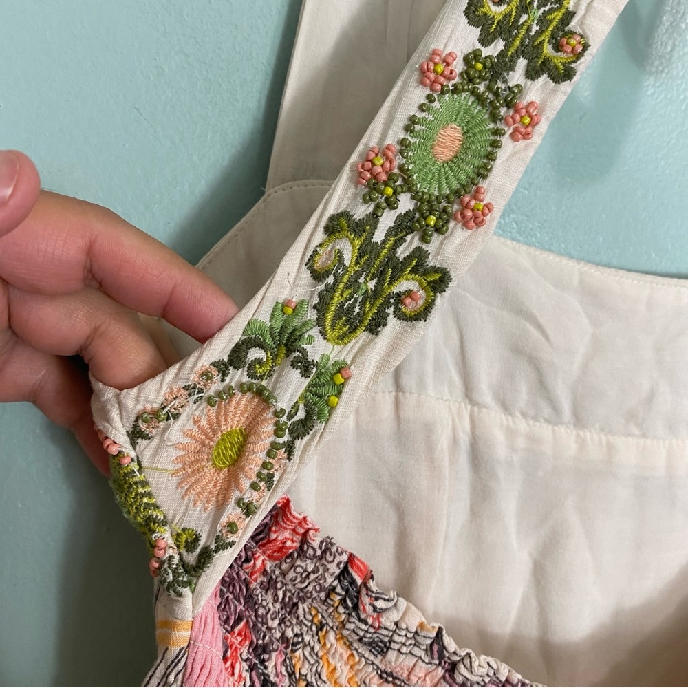 Anthropologie Square Neck Floral Embroidered Beaded Maxi Dress Small Petite - Picture 11 of 16